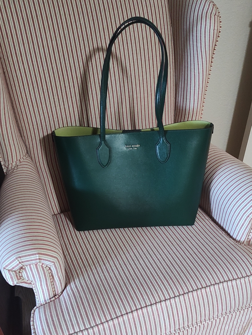 kate spade Dark Green Tote with Lime Interior